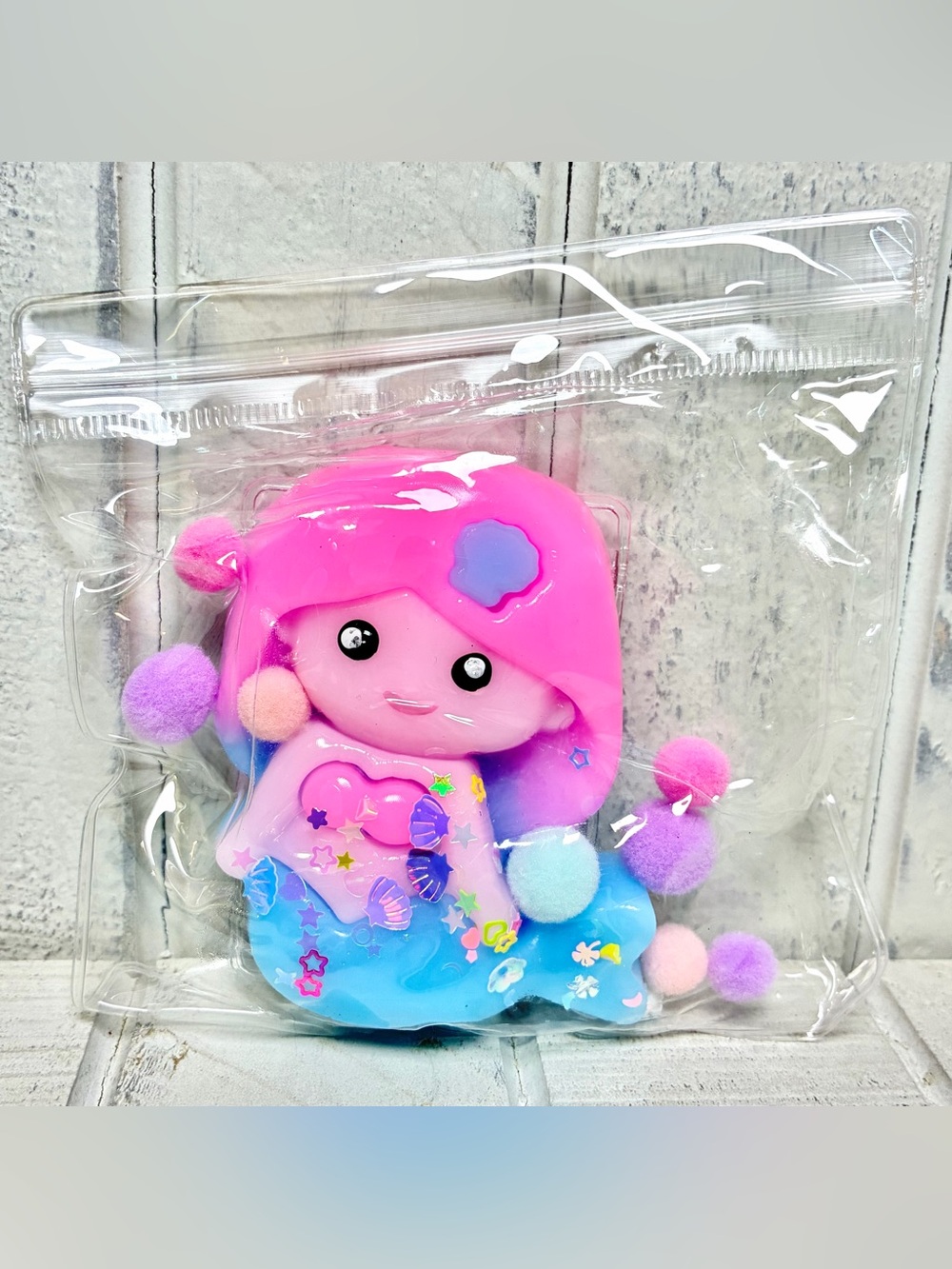 Squishy Toy Mermaid W/Sprinkles & Sequins Bag & Colorful Pom Poms Resealable Bag